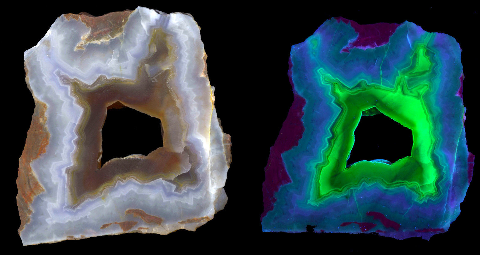 Achat unter Normallicht und UV-Kurzwelle